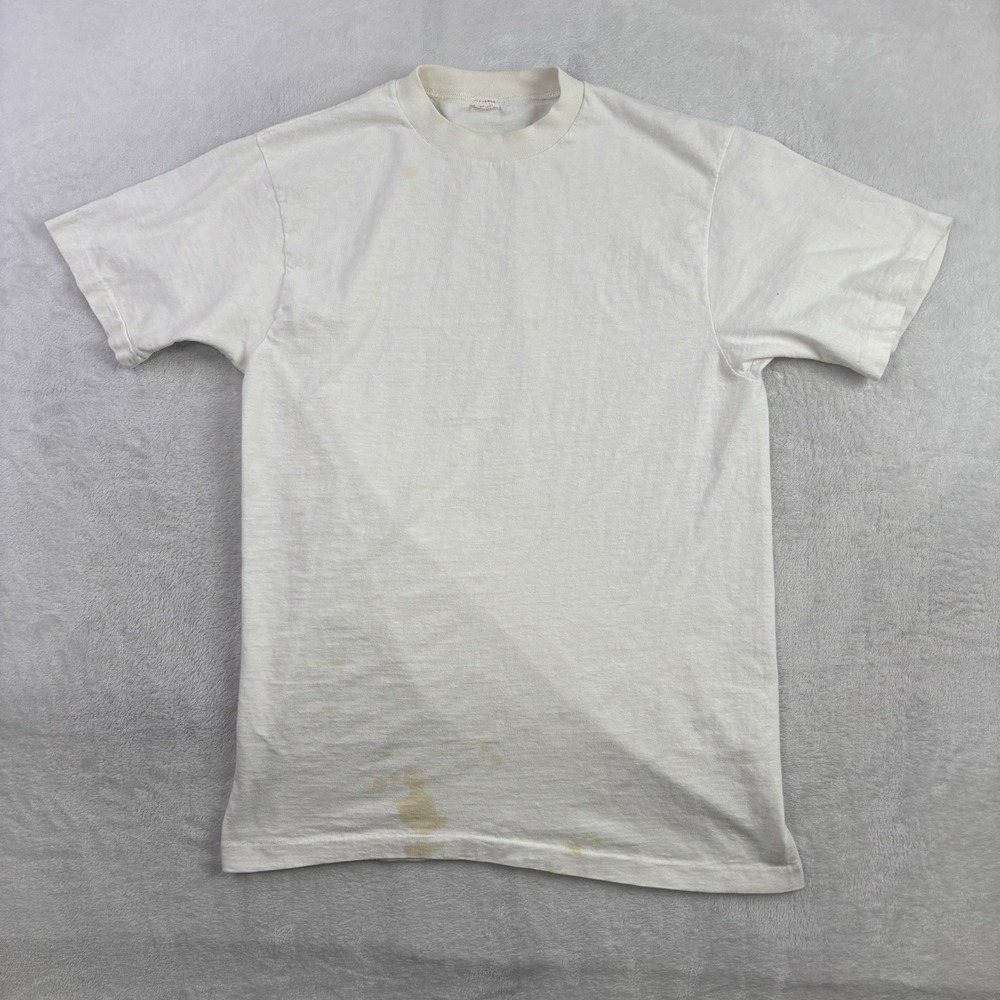 VTG 80's JC Penny White Short Sleeve Bank Single Stitch Shirt Men's LG Stains